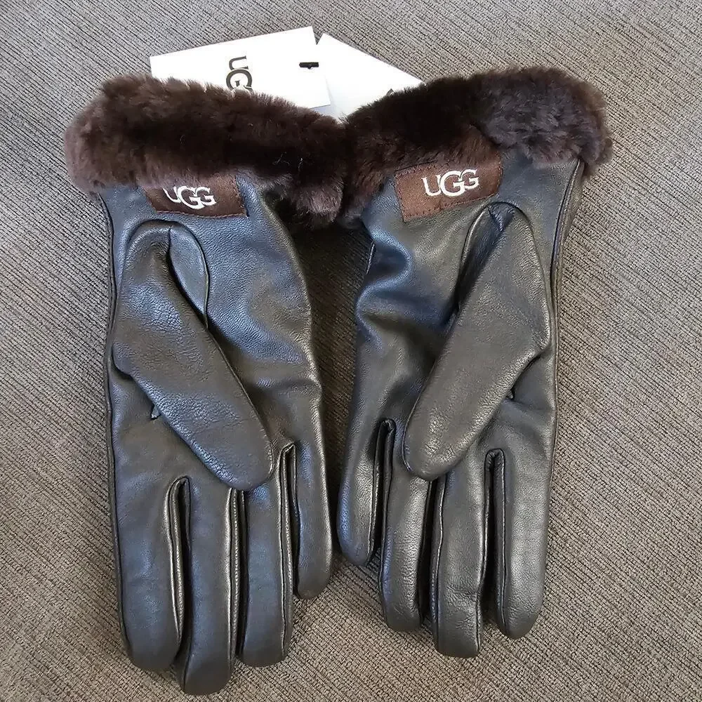 UGG Women's Brown Leather Shorty Tech Tip Real Fur Cuff Gloves Size L/G